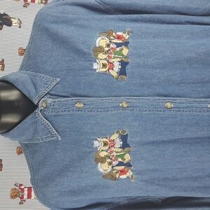 Vintage Women's embroidered cowboy western teddy bears med wash denim 2XL shirt